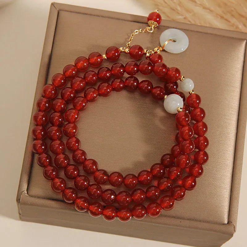 Women's multi-layer crystal bracelet with red agate stones in retro ethnic style