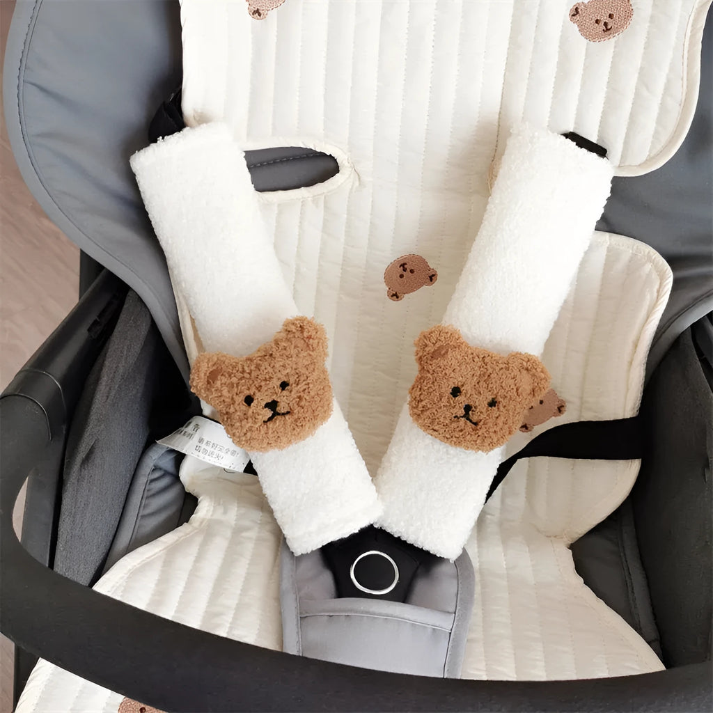 Cartoon bear plush car seat belt cover shoulder protector 25cm length khaki coffee bear design