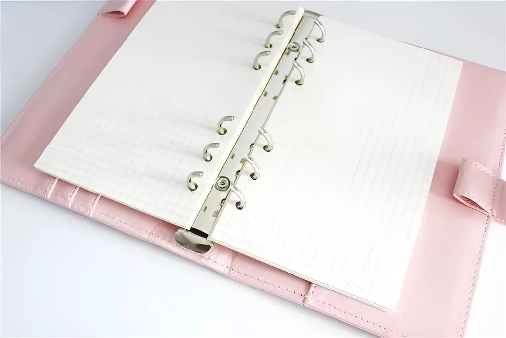 A5 6-hole loose-leaf refill with dot matrix ruling, 40 sheets of Daolin paper, displayed on a desk beside a ring binder