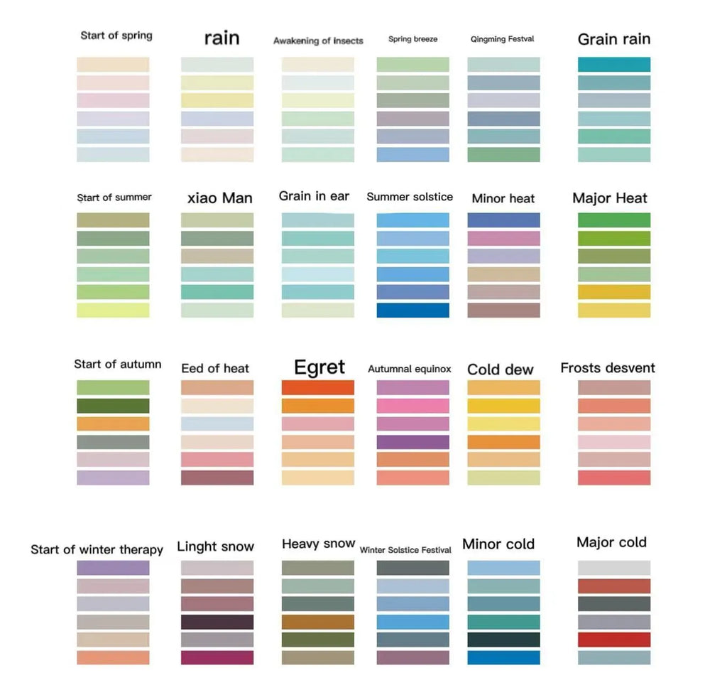 Six rolls of solid colour tape labelled with 24 solar term names for manual ledger and decorative use