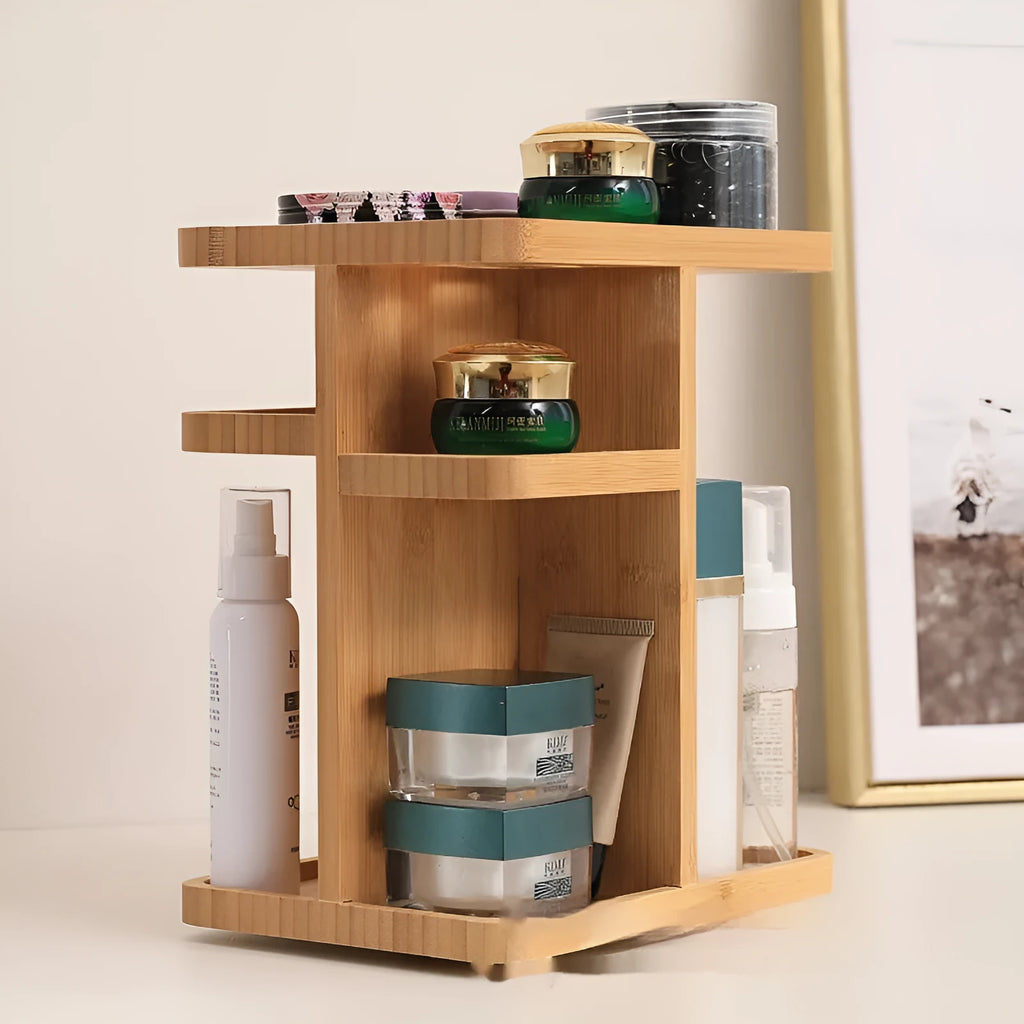 Bamboo rotating storage rack with multiple layers and grid compartments for organisation