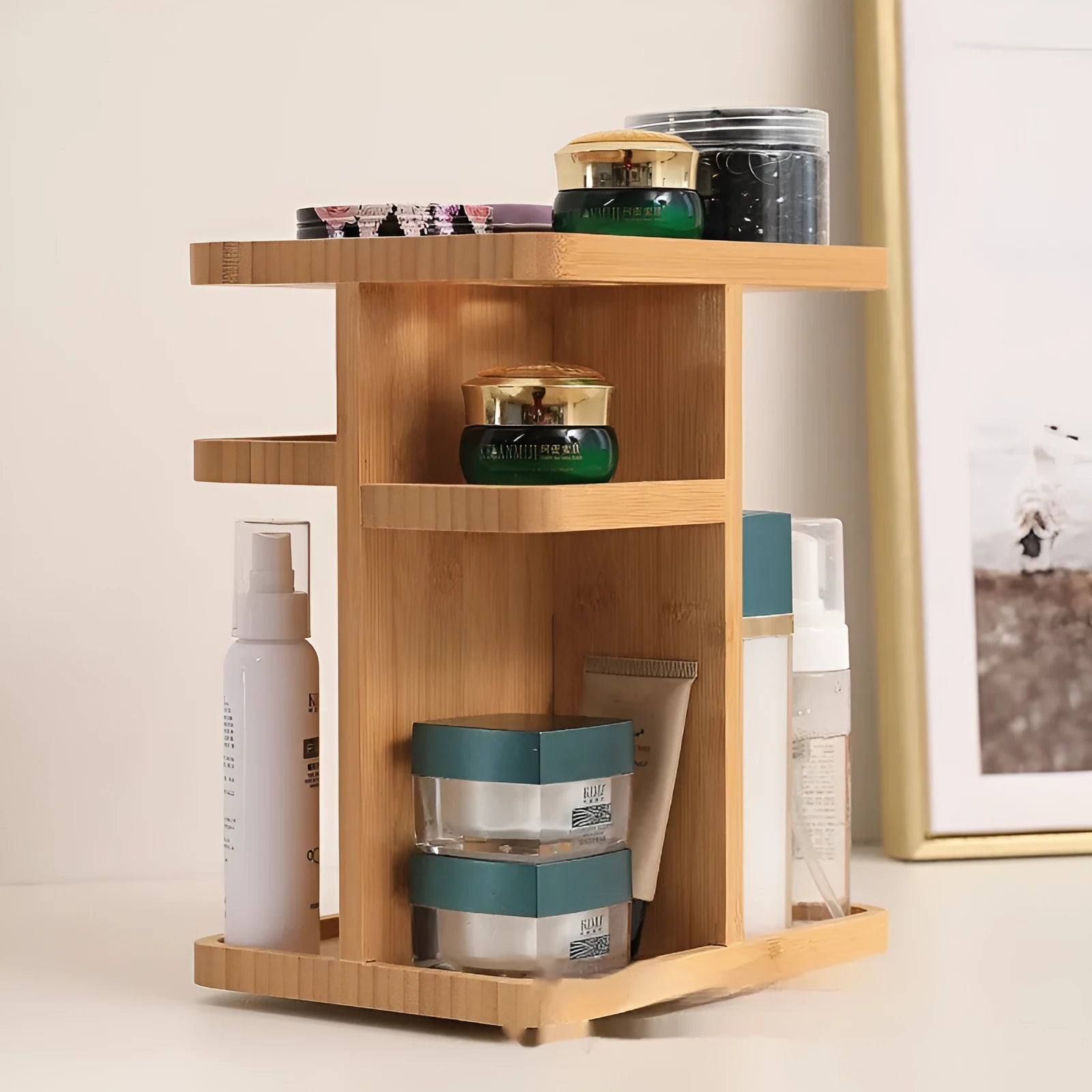 Bamboo rotating storage rack with multiple layers and grid compartments for organisation