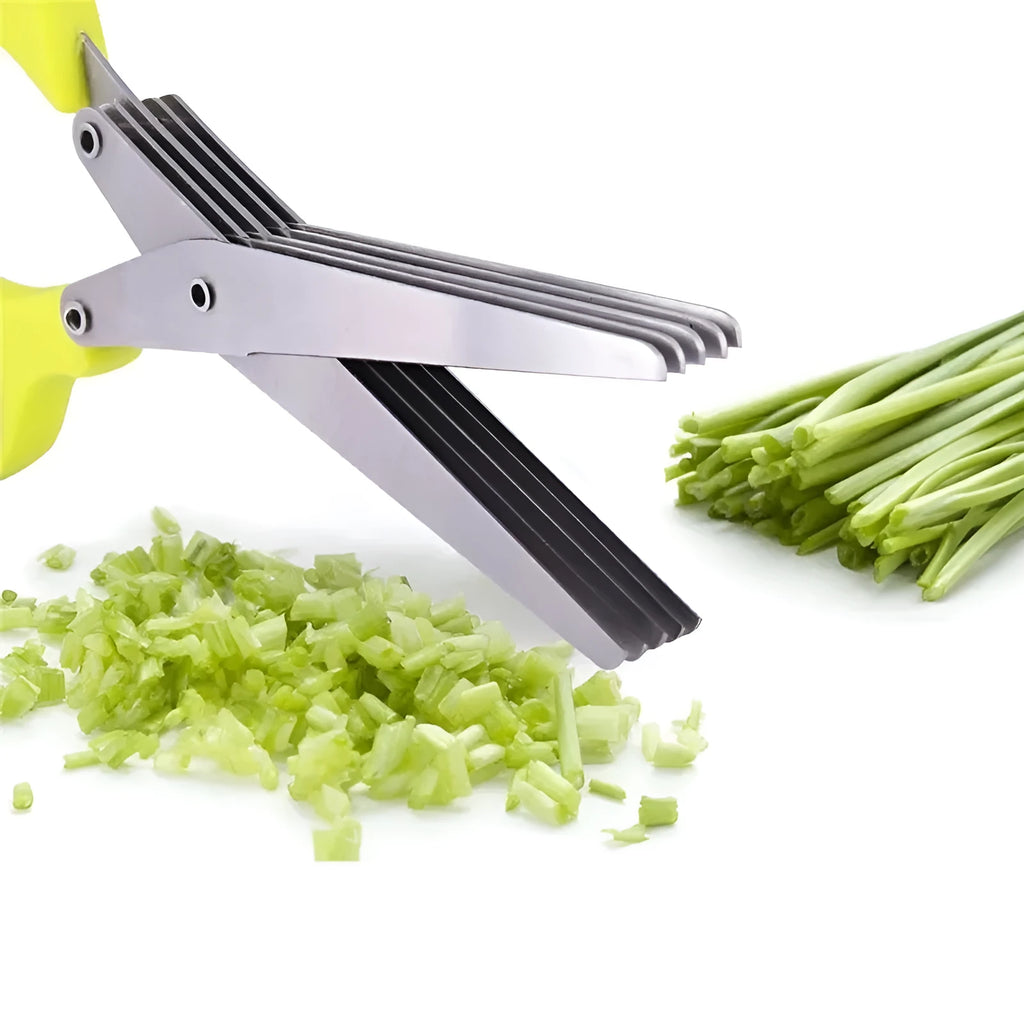 Stainless steel multi-blade kitchen scissors for cutting onions and herbs on a chopping board.