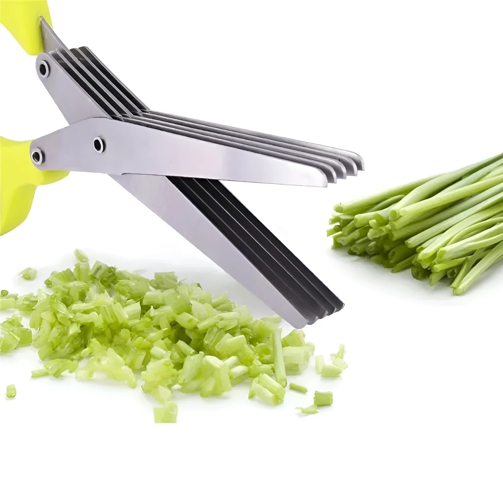 Stainless steel multi-blade kitchen scissors for cutting onions and herbs on a chopping board.