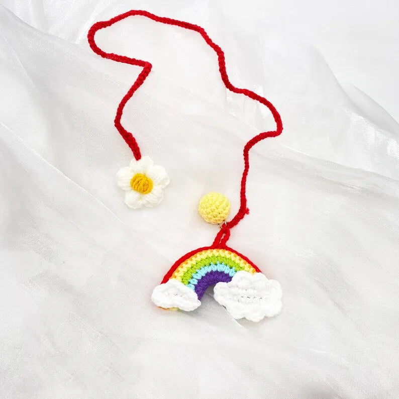 Handmade crocheted avocado rainbow flower car pendant ornament for vehicle interior decoration