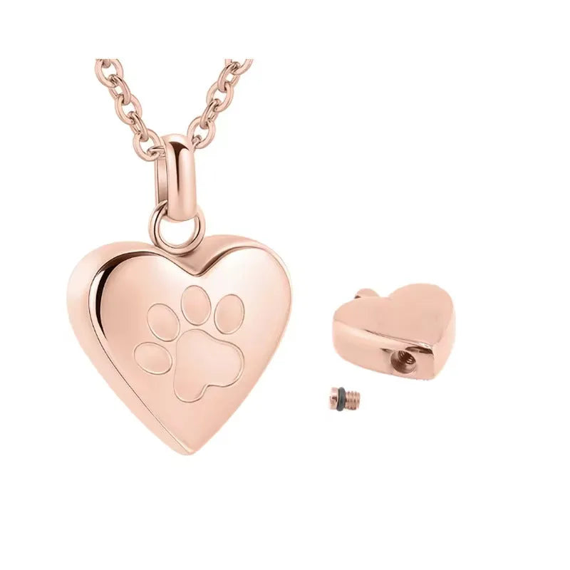 Polished titanium steel heart pendant necklace with paw print, openable casket design.