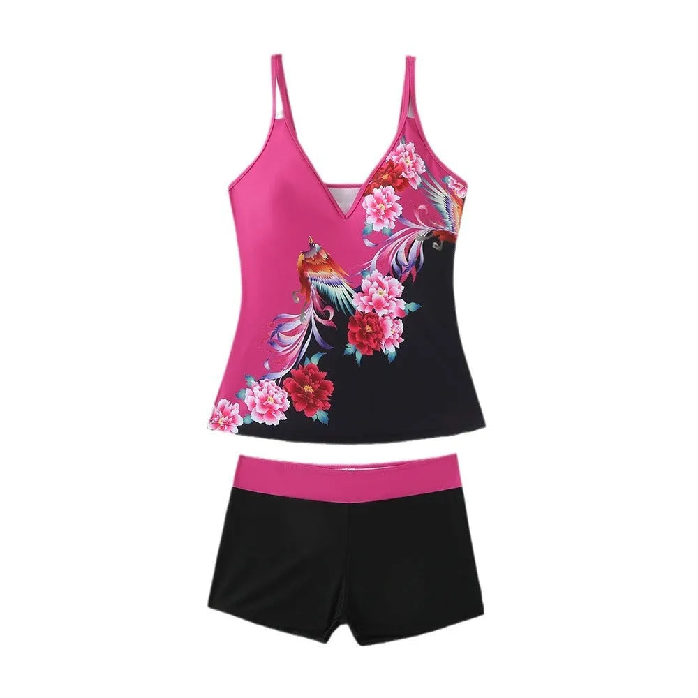 Women's plus size swimsuit set in black or rose red with briefs style and cotton lining