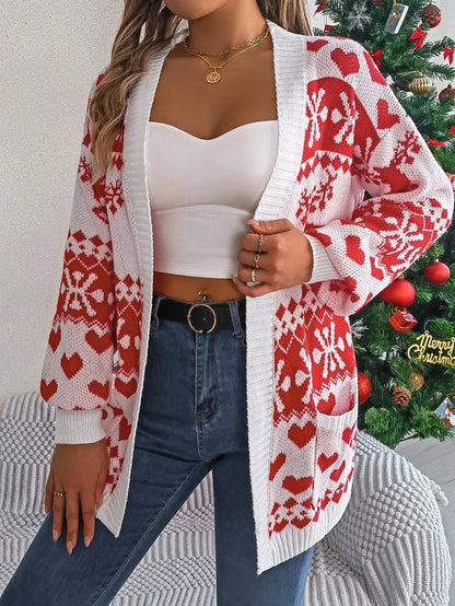 Women's Christmas cardigan with open front, lantern sleeves, and festive deer print in red, green, and white colors