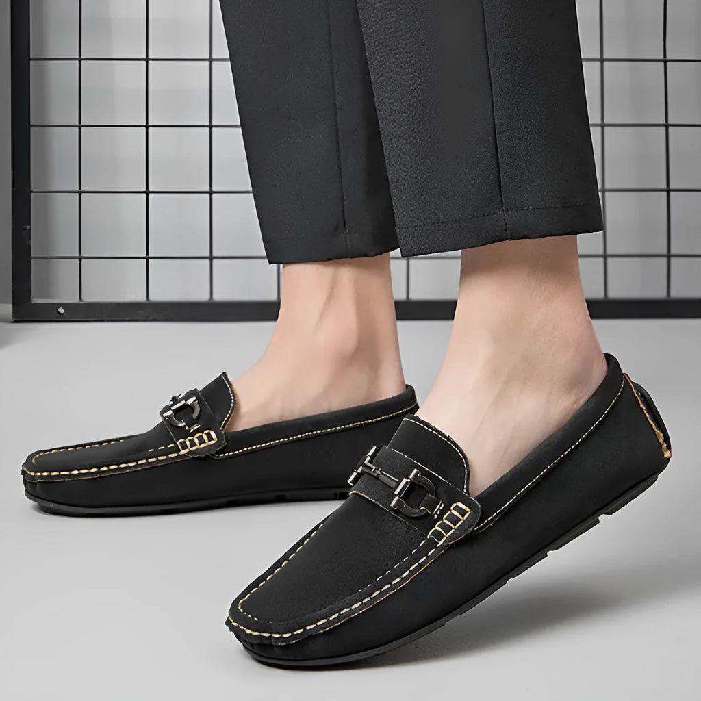 Men's brown casual leather shoes with round toe and rubber sole on a neutral background