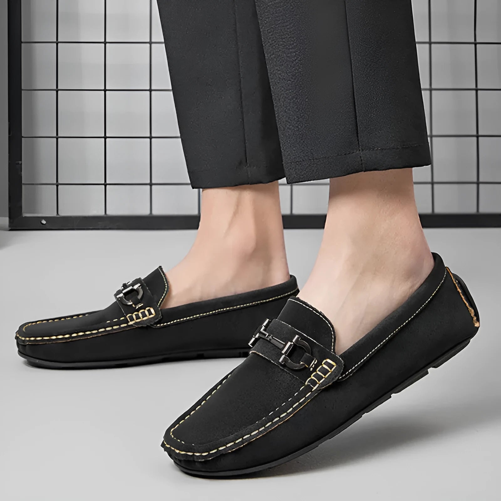 Men's brown casual leather shoes with round toe and rubber sole on a neutral background