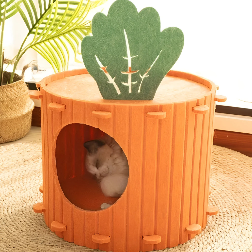 Orange felt carrot-shaped cat nest with a round tunnel entrance, shown in medium and large sizes.