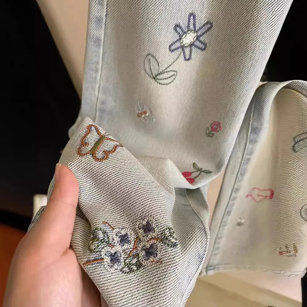 Girls fashion personalised embroidered straight jeans in cotton with cartoon pattern, picture colour, suitable for height 90cm to 140cm
