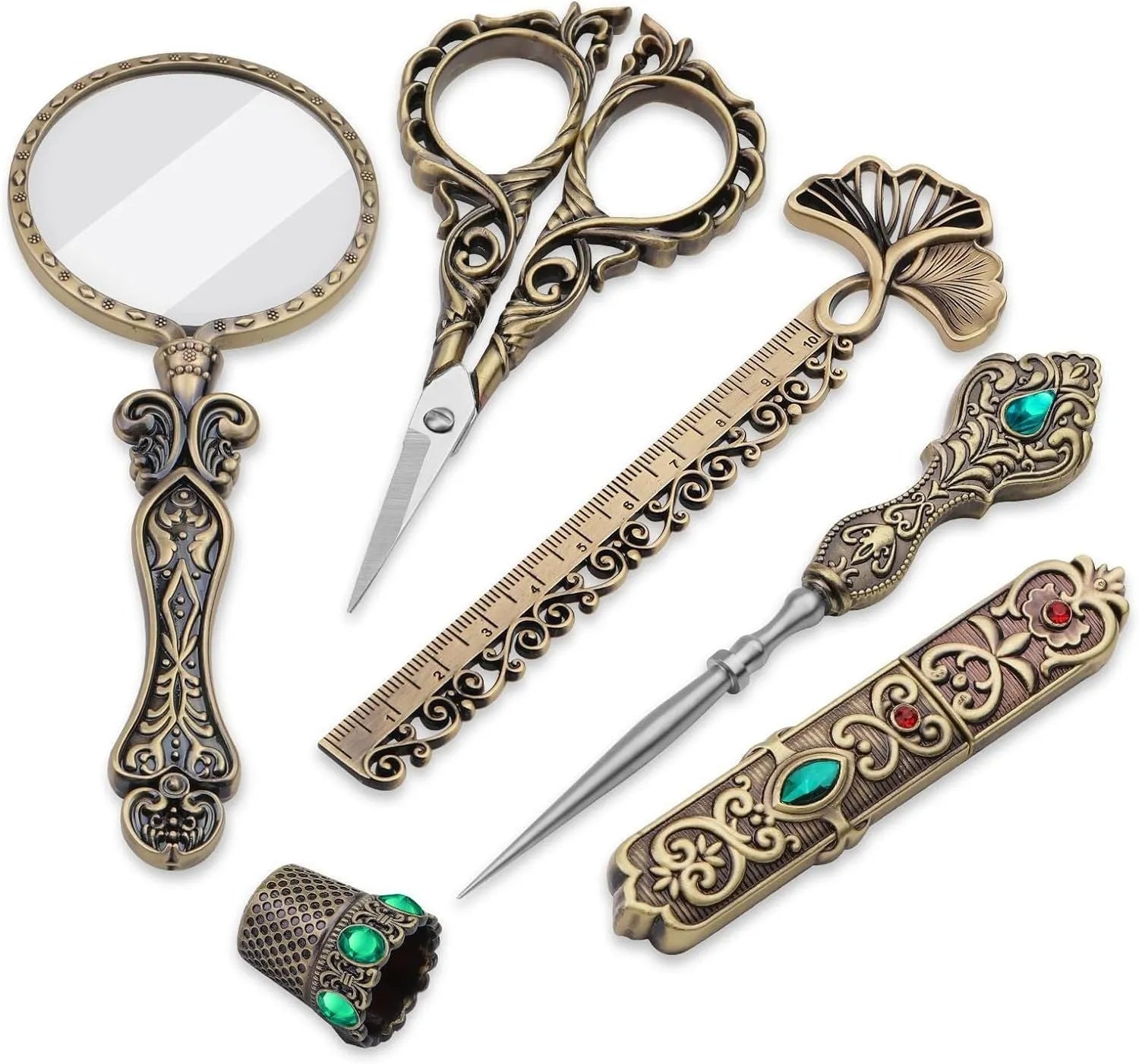 Retro walking in the waves sewing tool set boxed with stainless steel scissors and awl in gold