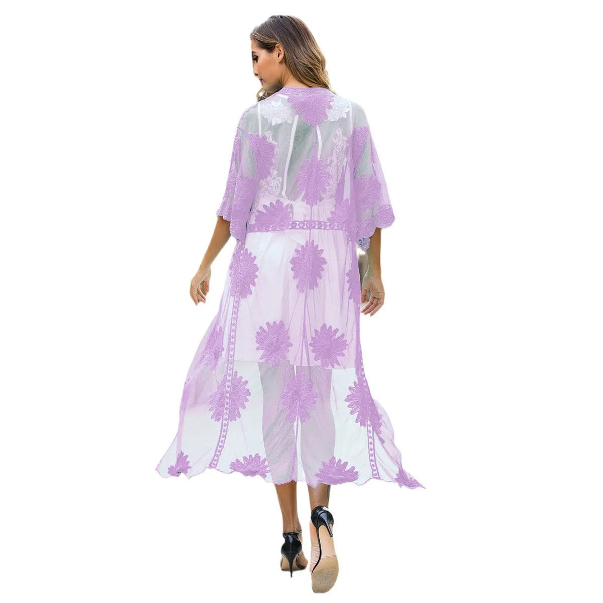 Light purple lace embroidery beach cover-up dress with a polyester and cotton blend construction.