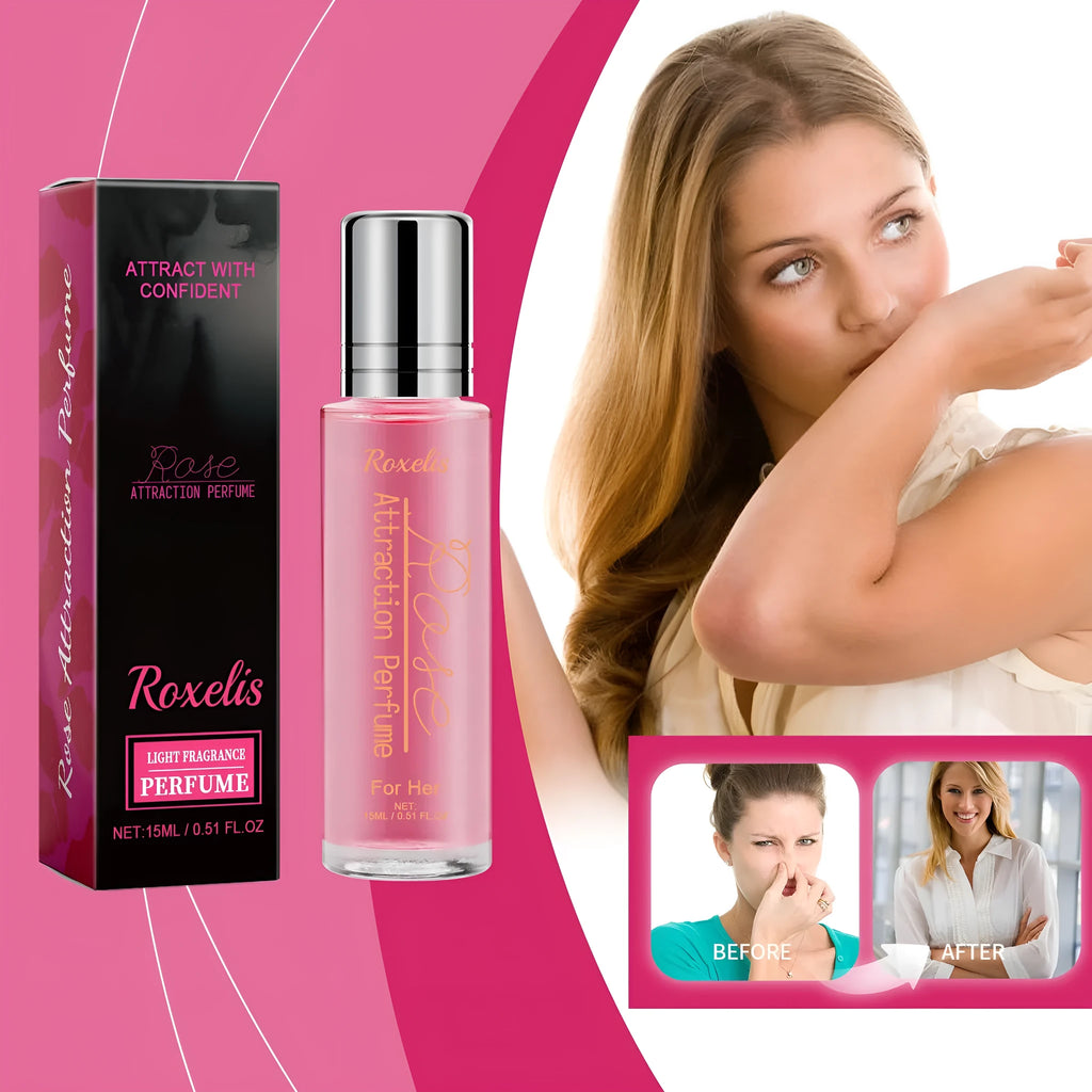 Small 15ml bottle of rose light perfume with moisturising body care kit packaging