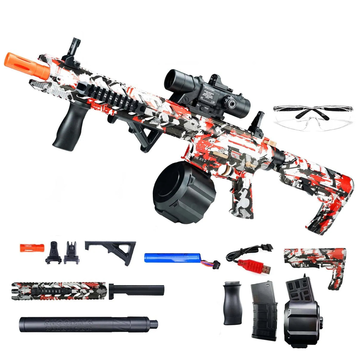Electric gel ball launcher toy in plastic with continuous hair firing, shown in M4 Black And Red colour option