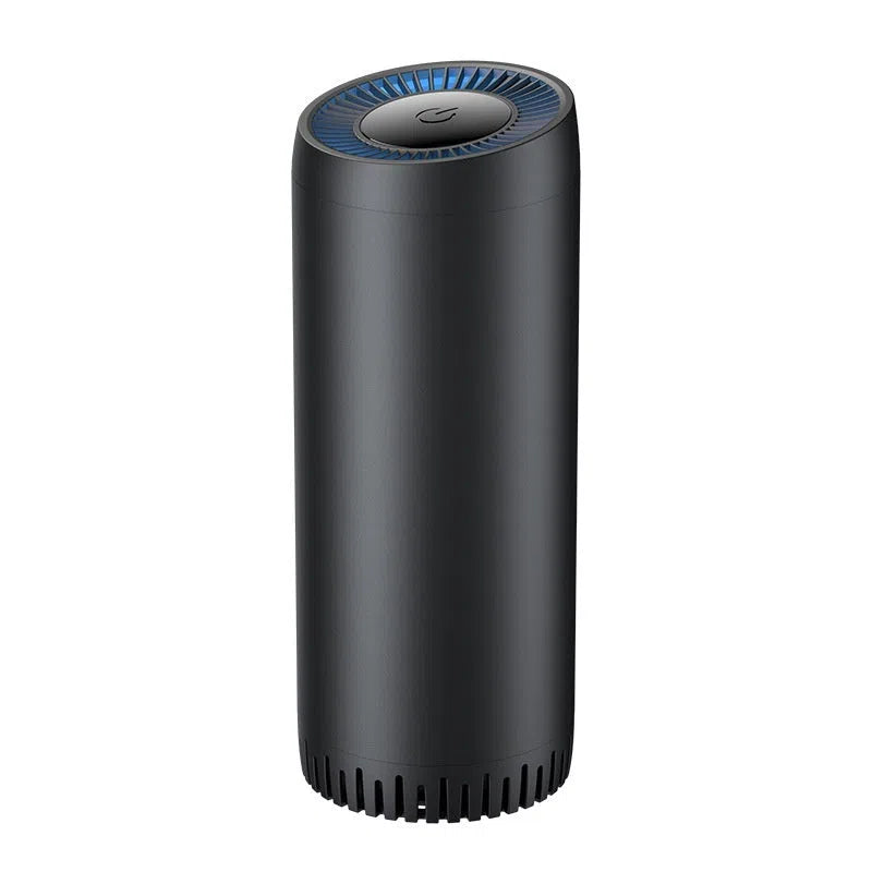 Small portable USB car air purifier with black aluminium alloy shell and ABS construction, 3W power rating