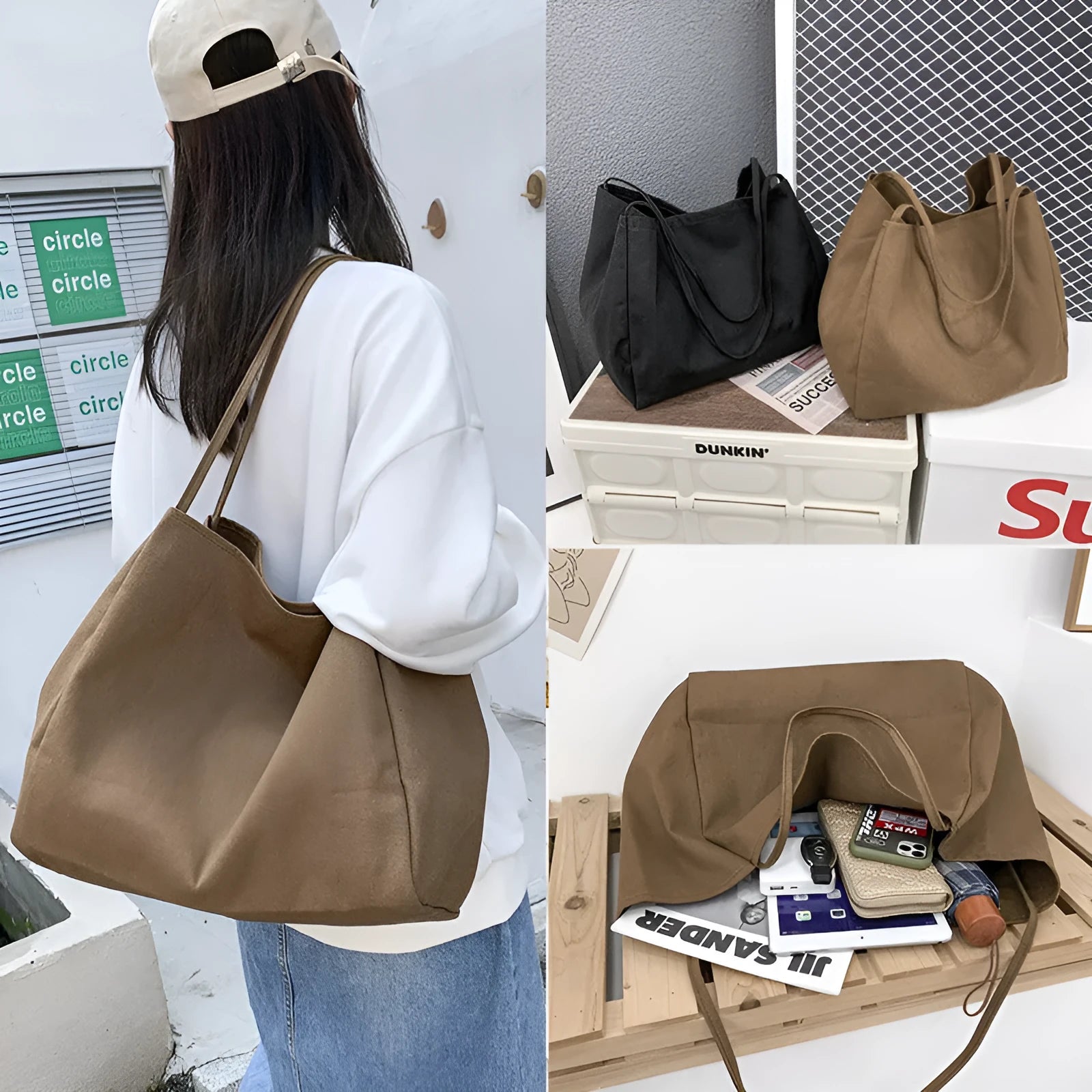 Women's black canvas shopping handbag with double shoulder straps showing internal mobile phone pocket