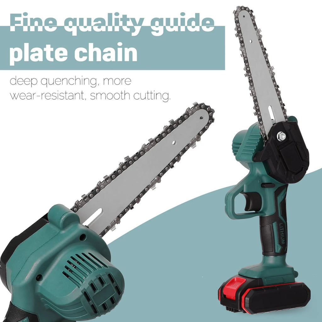 Black mini electric chainsaw with 4-inch guide bar held in one hand, showing lightweight cordless design.