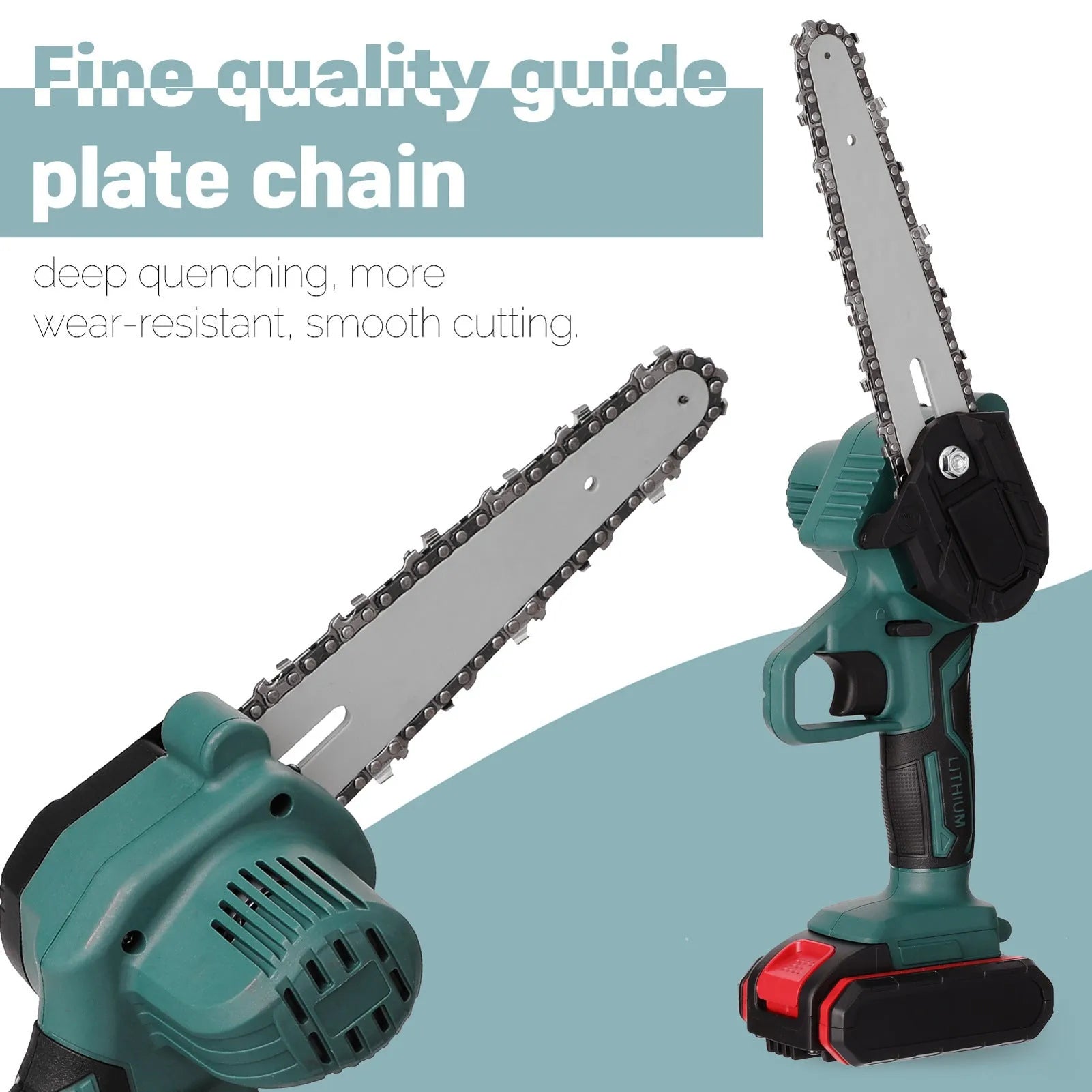 Black mini electric chainsaw with 4-inch guide bar held in one hand, showing lightweight cordless design.
