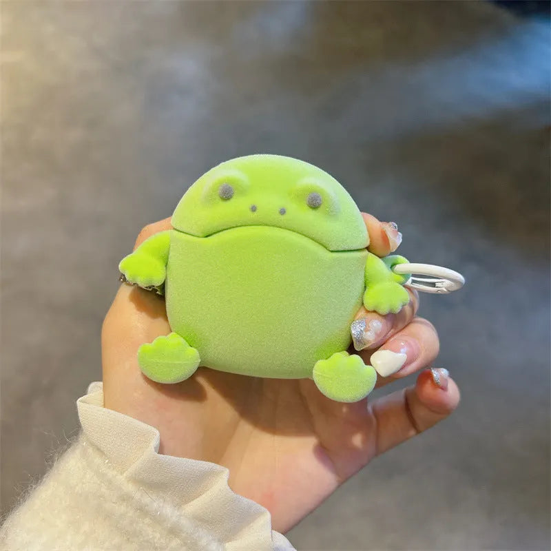 Flocking frog TPU protective case for AirPods with lanyard, embossed cartoon design, fits multiple generations