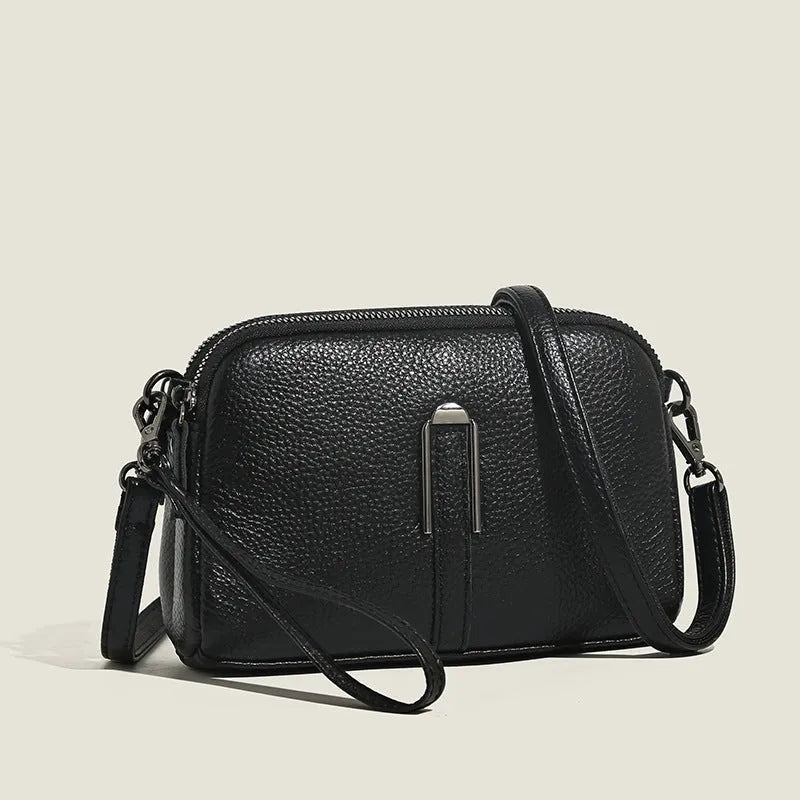 Genuine leather women's shoulder bag in urban simplicity style, horizontal square shape, 19x13x6cm dimensions