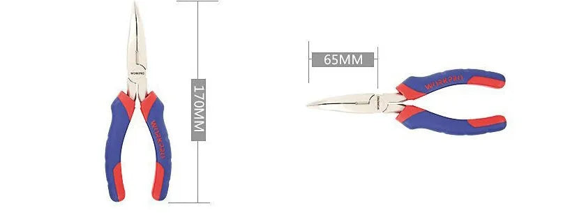 Blue and black handled curved nose pliers on a workbench, showing angled jaw tips.