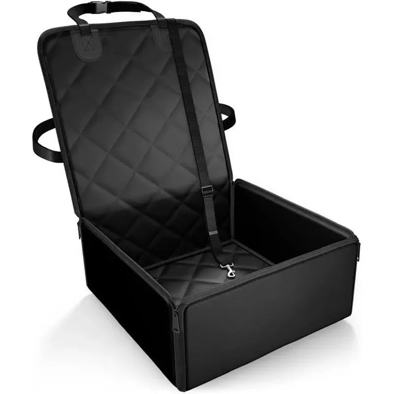 A black non-slip car pet pad for dogs placed on a grey car front seat.