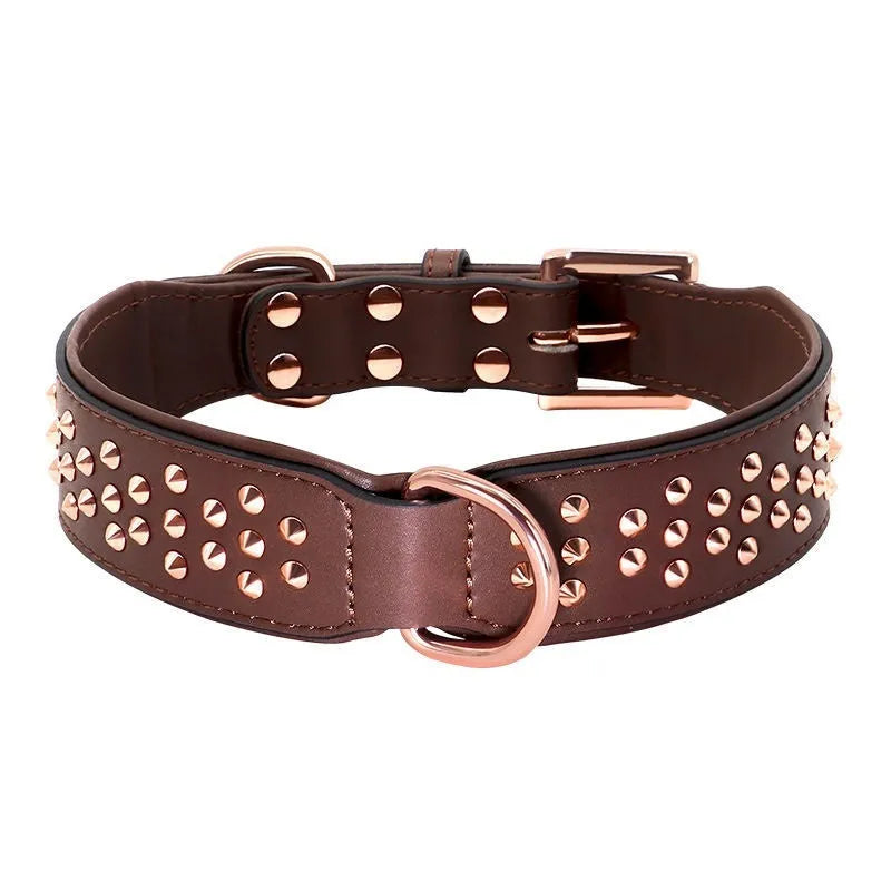 Leather dog collar with metal rivets in black, chocolate brown, or pink colour