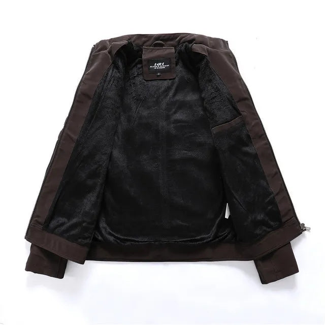 Men's PU leather jacket in green, black, or brown, sizes L to 4XL, Asian sizing guide