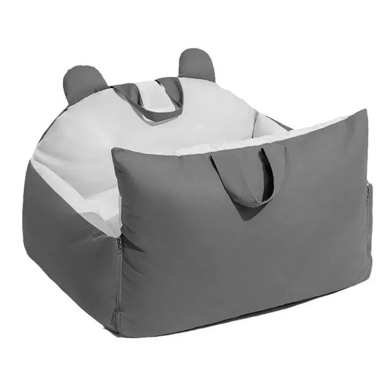 Universal removable washable dog car kennel shown in beige, with two size options for vehicle travel.