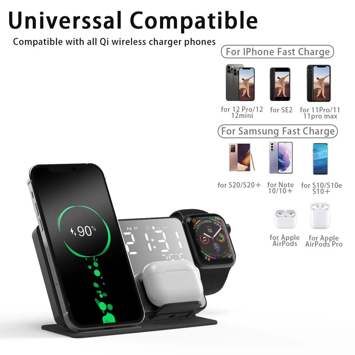 Black four-in-one wireless charger for mobile phone, headset and smart watch with 15W Apple and Samsung model options
