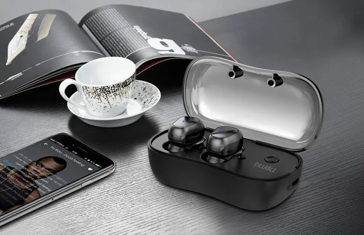 White wireless TWS sports earbuds and a small rectangular charging case on a grey background.