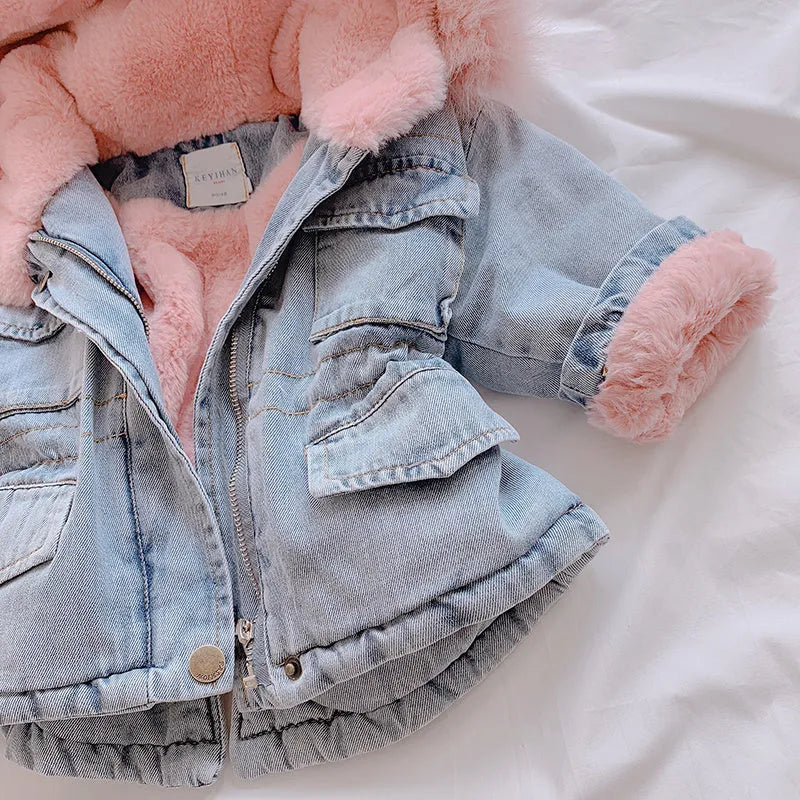 Blue denim coat for a girl with an attached hood and velvet lining.