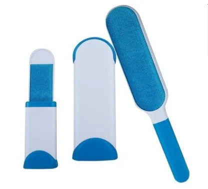 Blue self-cleaning pet hair remover brush with double-sided roller next to its cleaning base.