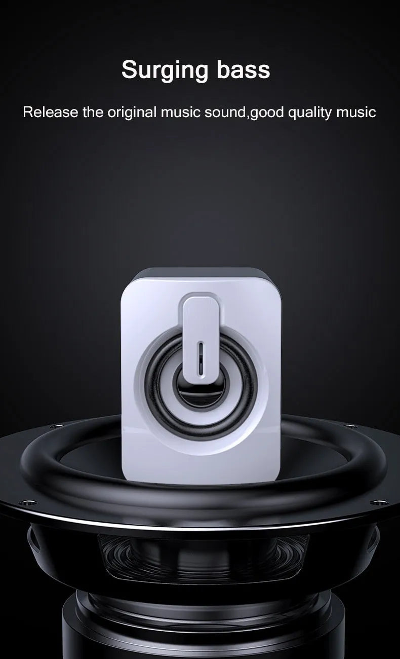 Pair of small black and white desktop speakers with USB power, 3.5mm aux, dual 4Ω 3W horns and bass boost