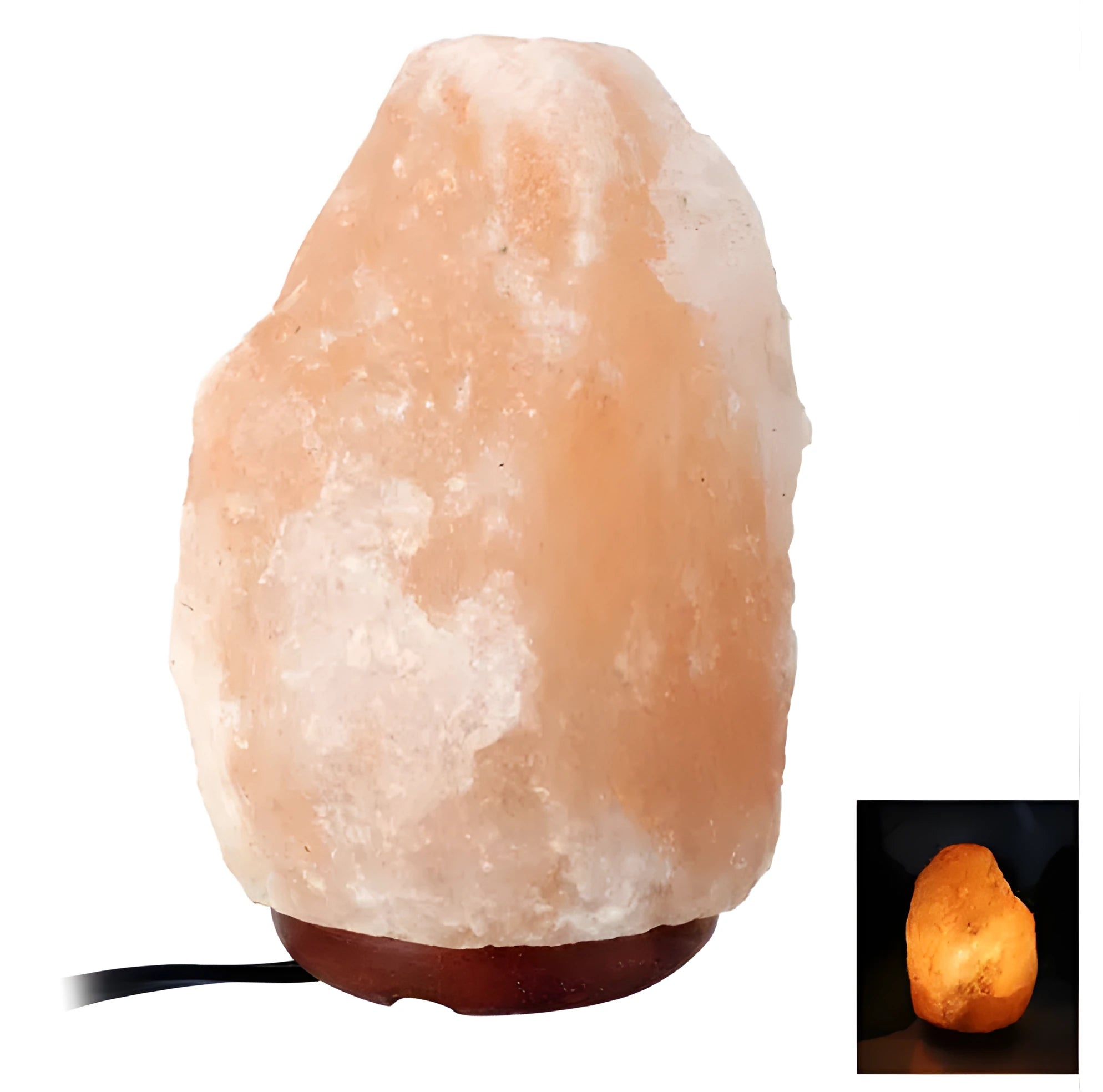 Rose crystal salt lamp with natural rock salt shade on a bedside table, warm glow, compact size.