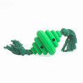 Green and yellow silicone dog ball with integrated rope, shown as a treat-dispensing and tug toy.