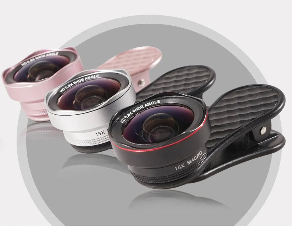 Mobile phone external camera lens kit with wide-angle and macro lenses in black silver rose gold colours