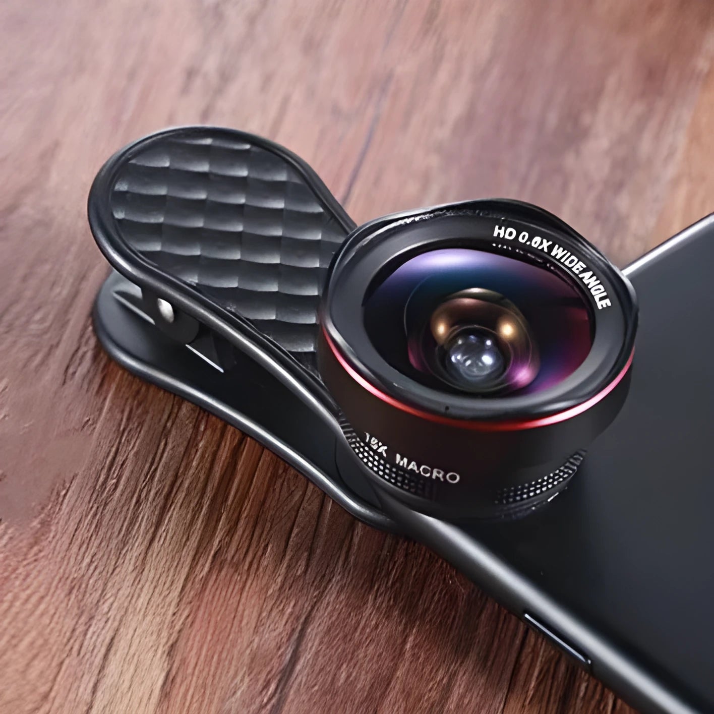Mobile phone external camera lens kit with wide-angle and macro lenses in black silver rose gold colours