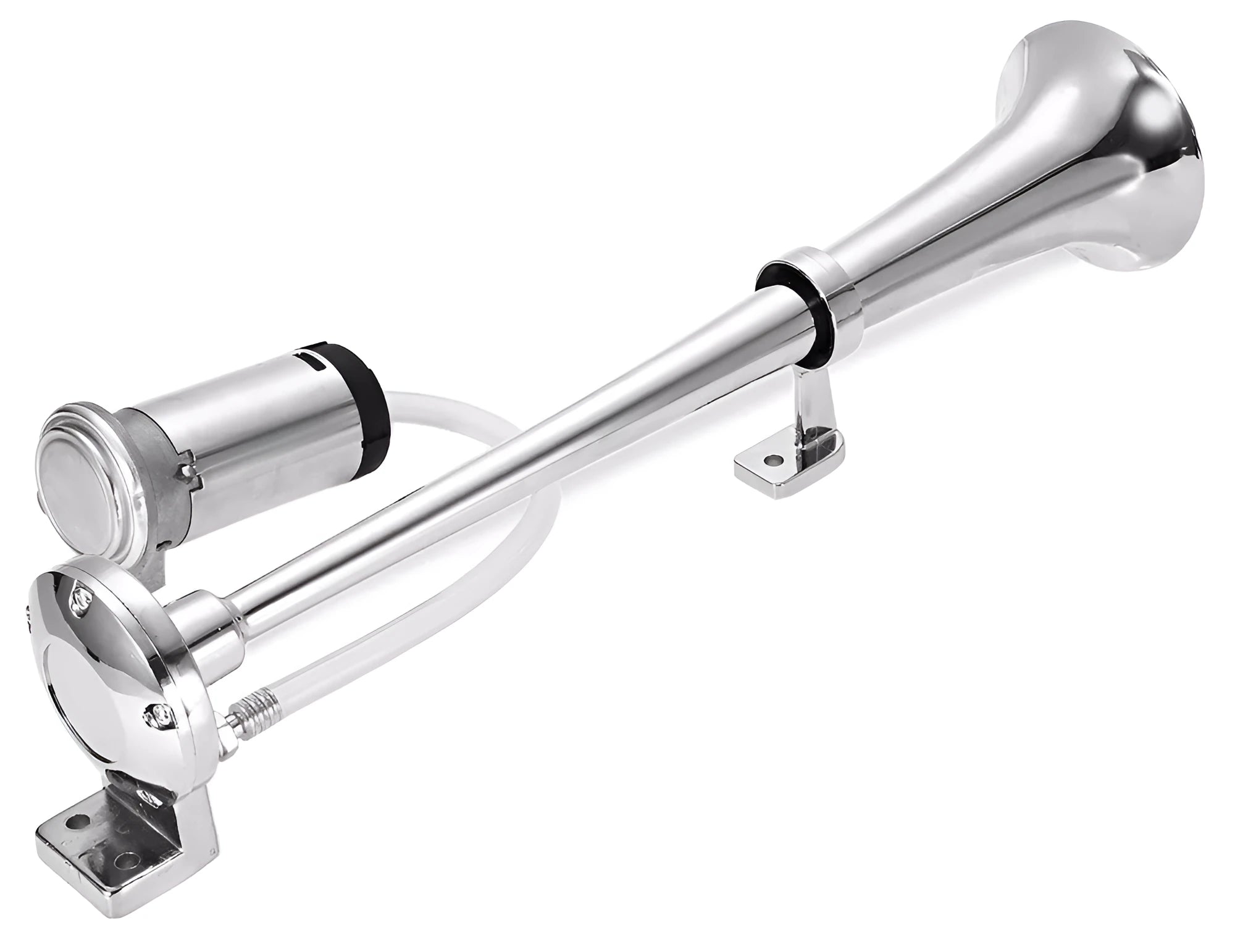 12V single trumpet loud car horn with chrome finish, 450mm length, on a white background