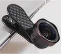 Mobile phone external camera lens kit with wide-angle and macro lenses in black silver rose gold colours