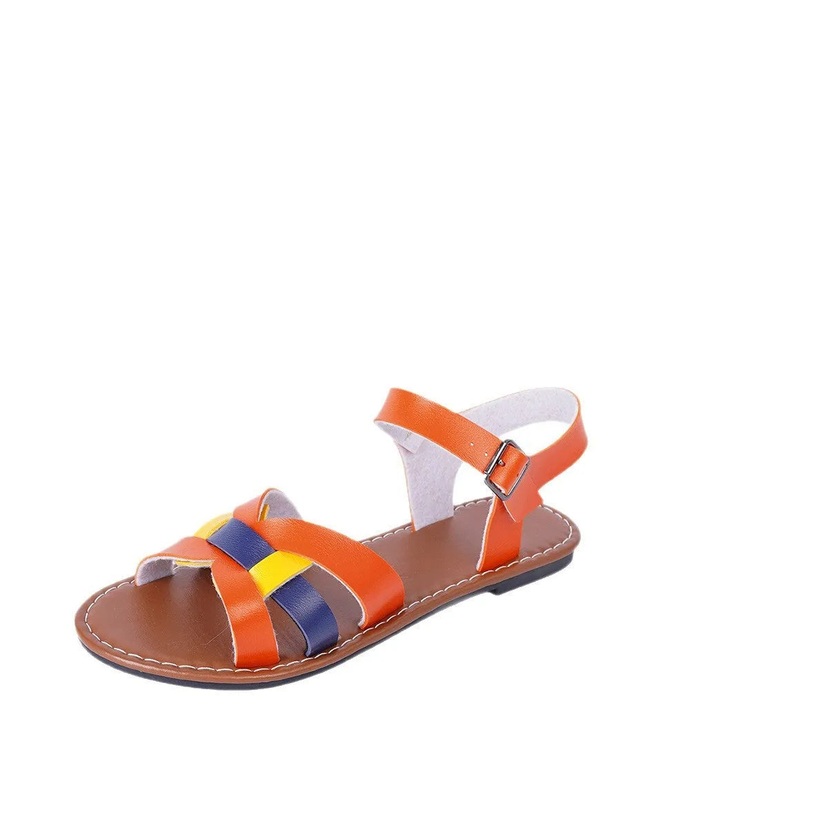 Women's orange buckle sandals with round toe, PU upper, and rubber sole on a neutral background