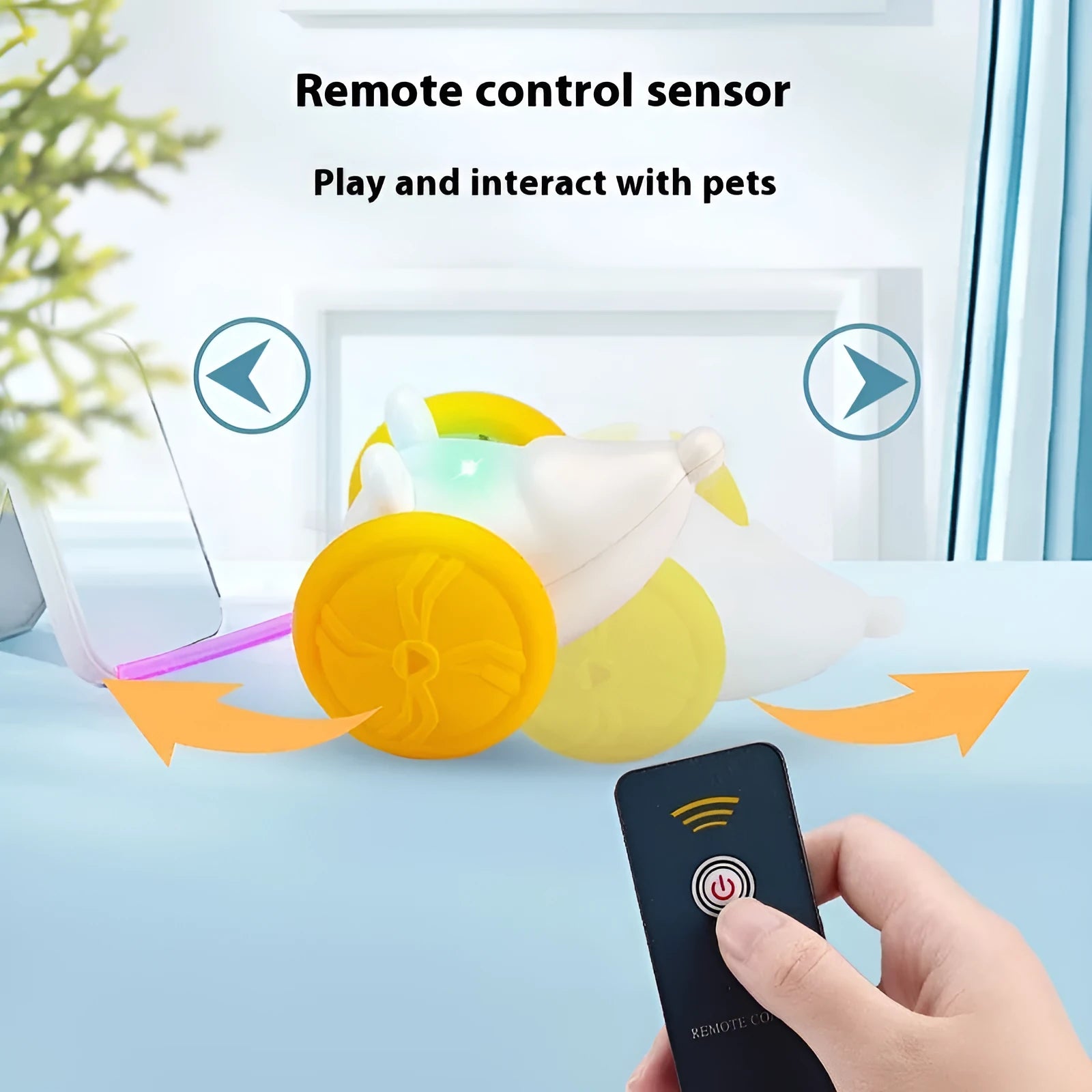 Electronic cat toy mouse with remote control in blue and yellow colour options