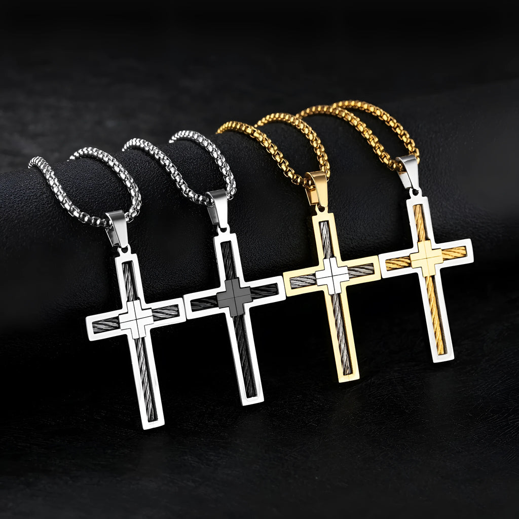 Titanium steel cross pendant necklace with geometric design, 550mm chain, gold finish option