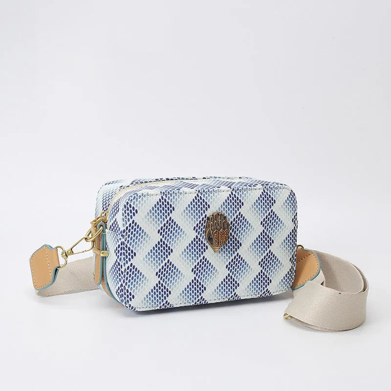PU crossbody camera bag with wide strap, soft horizontal square shape, blue or multi-colour
