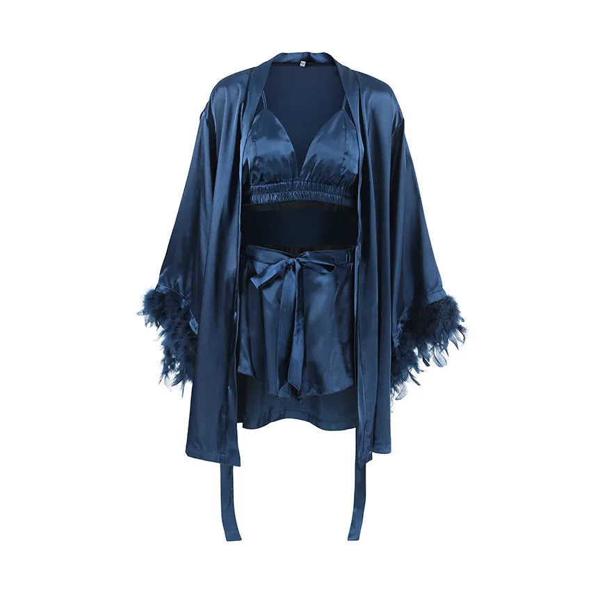 Feather trim satin home three-piece set with long sleeve nightgown, shorts, and underwear in blue, black, or white, sizes S M L.