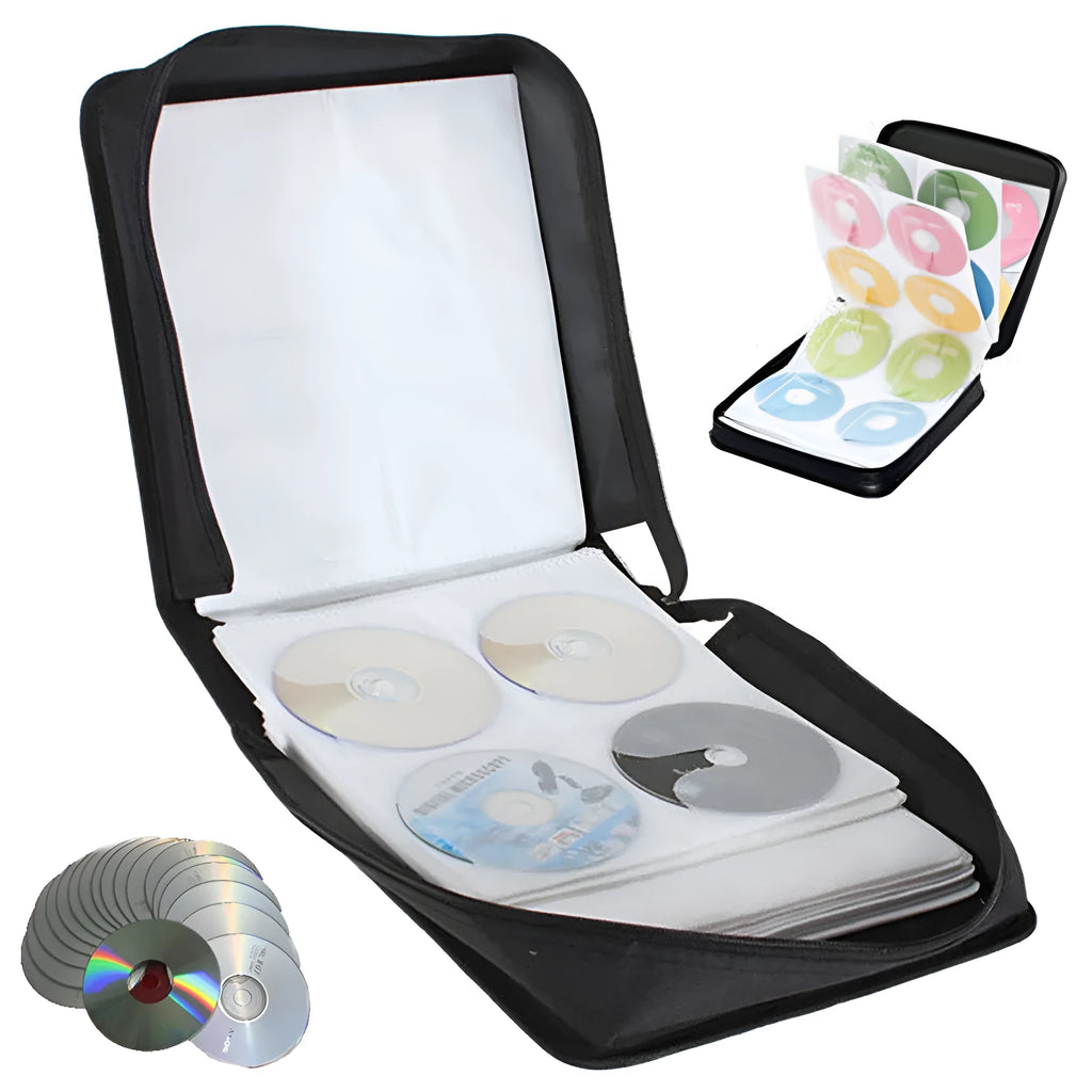 Black Oxford cloth CD and DVD storage organiser bag with a hand strap and zipper.