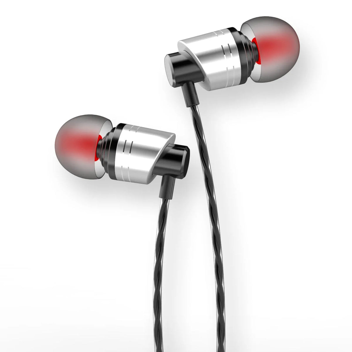 Black wired in-ear headphones with a 3.5mm plug, an in-line microphone, and silicone ear tips.