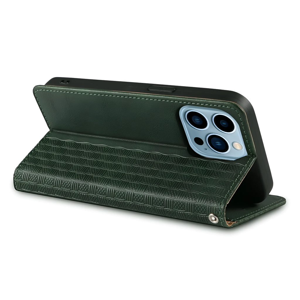 Embossed leather flip phone case in black for iPhone, showing front cover closed.